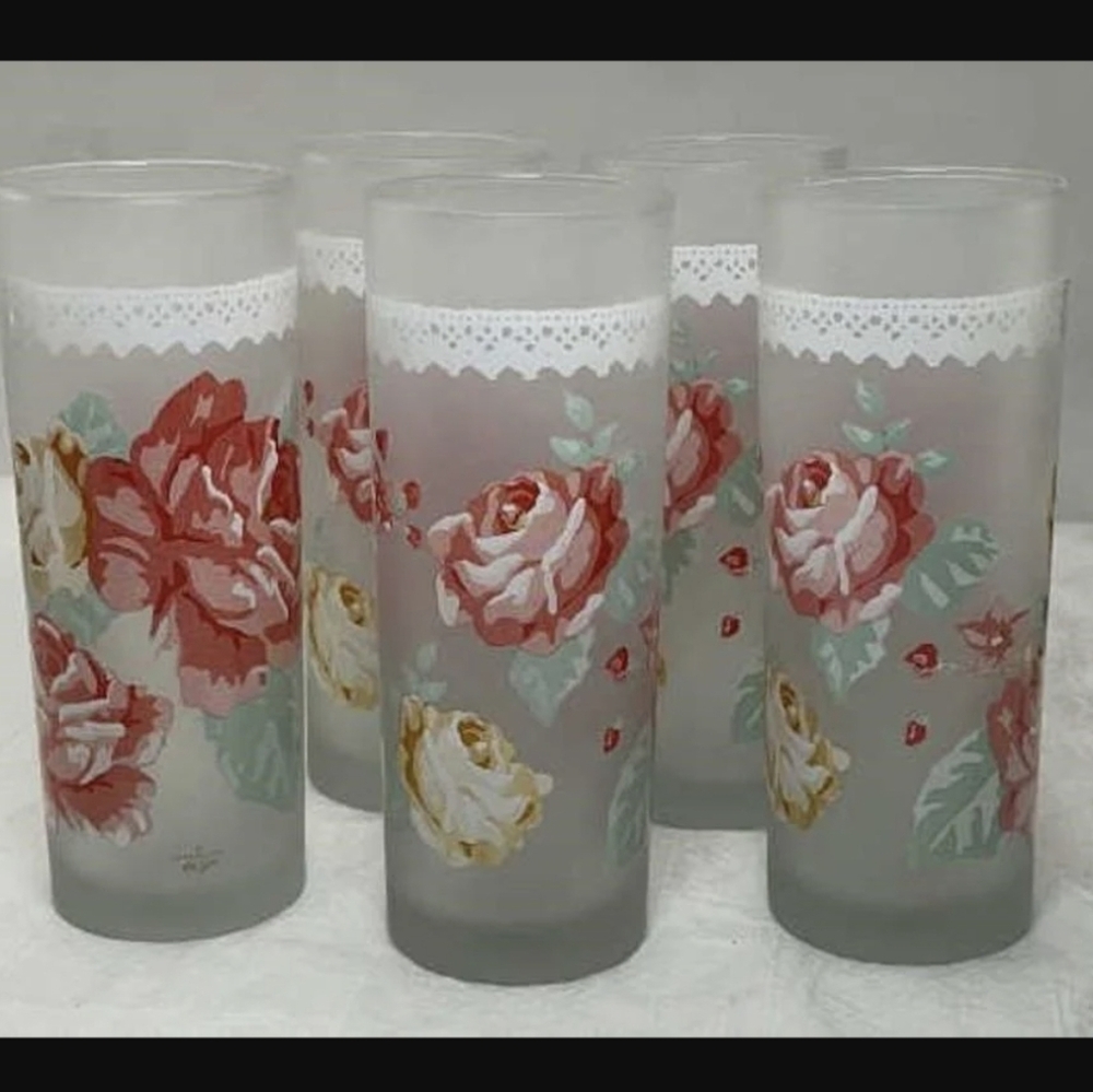 DARTINGTON Made In France Elegant Floral Frosted Glass Set Vintage